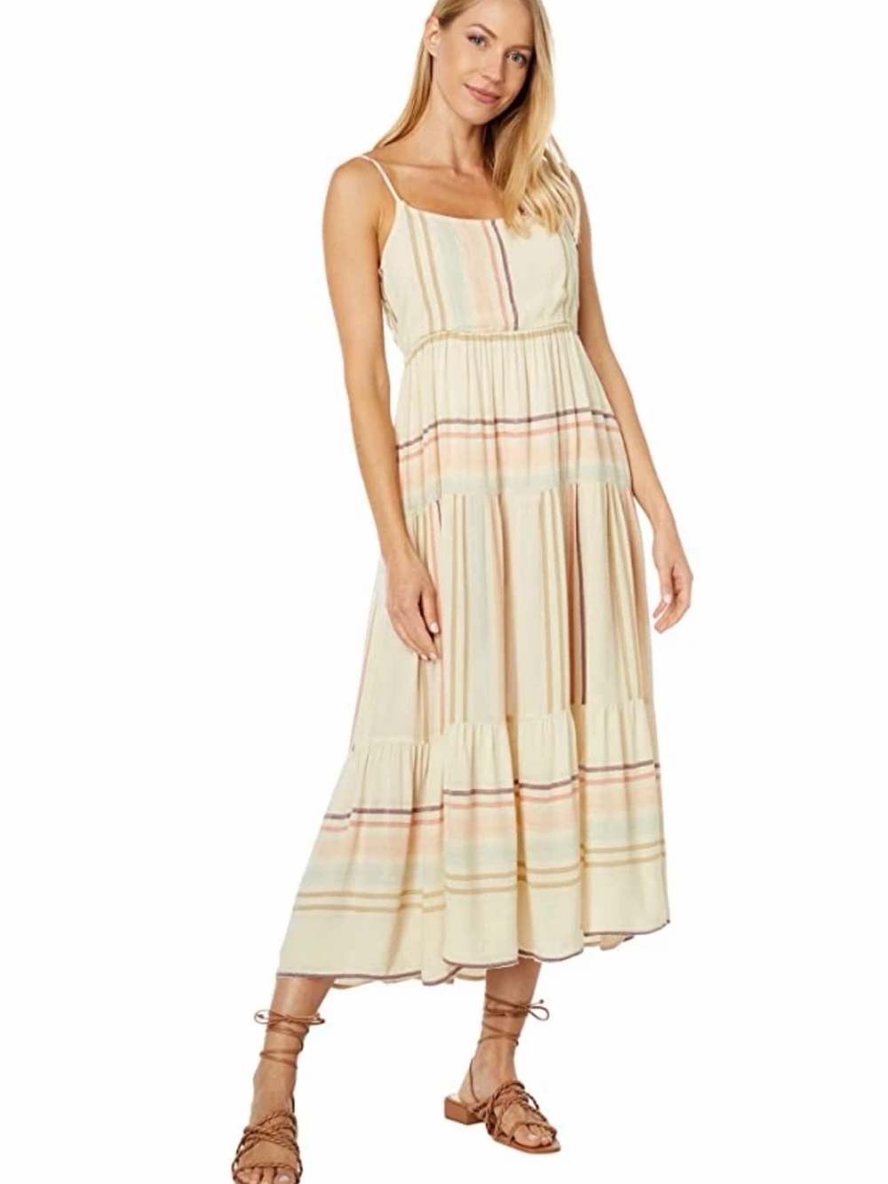 Rip Curl Sol Seeker Cream Pastel Striped Smocked Tiered Midi Dress Size M